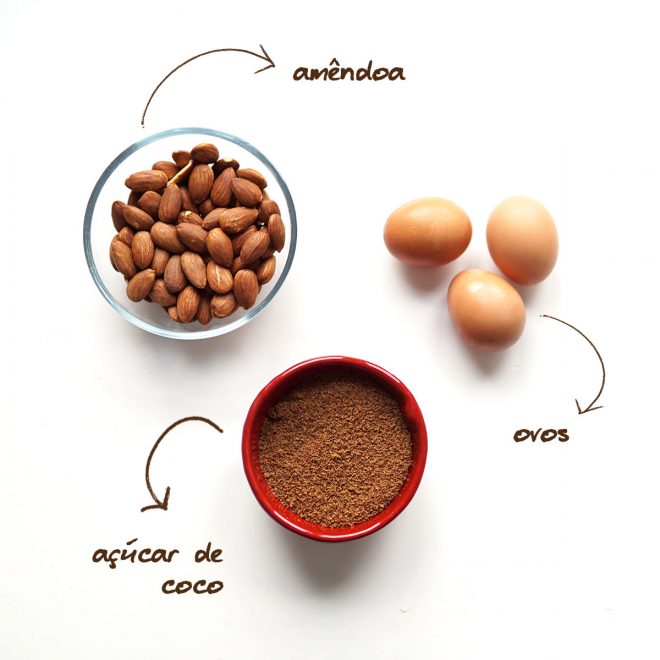 ingredientes para o bolo simples de amêndoa, apenas amêndoa, ovos e açúcar de coco