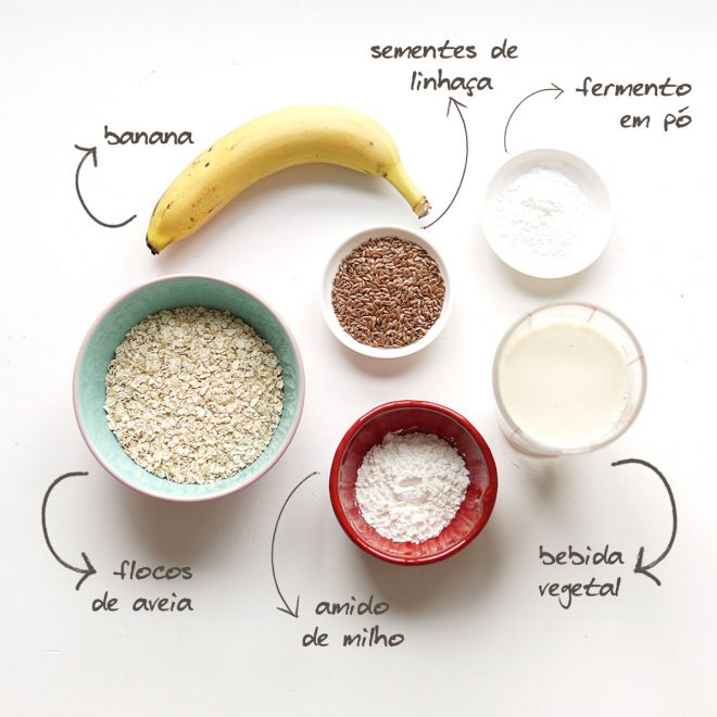 ingredientes para panquecas de aveia e banana sem ovo