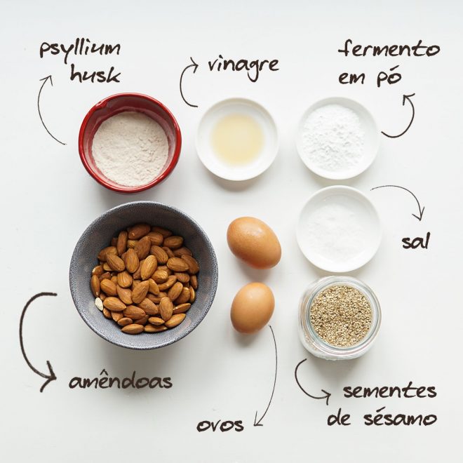 ingredientes para pão sem glúten de amêndoa: amêndoa, psyllium husk, vinagre, fermento em pó, sal, ovos e sementes de sésamo